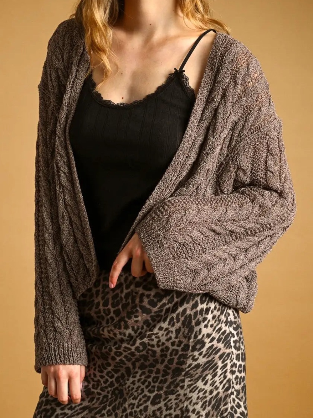 Open-Front Cable Knit Cropped Cardigan in Brown